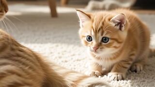 A loving mother cat gently playing with her two adorable kittens in a cozy home,