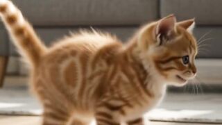 A cute fluffy kitten running around the living room while chasing a small colorful toy