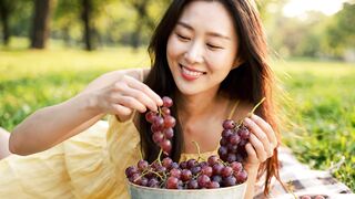 Beautiful Korean Woman Enjoying Fresh Grapes 🍇✨