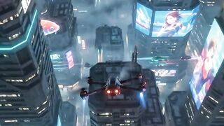 Drone view from cyberpunk city