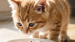 A tiny adorable kitten happily eating its food,