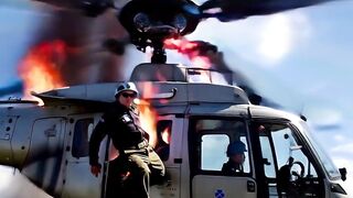 HELICOPTER GOT FIRE AND PILOT IS JUMPING