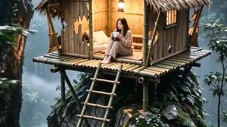 🌧️ Woman Enjoys Coffee in a Cliffside Hut During a Heavy Rainstorm | Cozy Rain