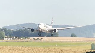 American Airlines B777 Touching down on Runway 14 at Zurich Airport