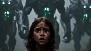 Three giant alien monsters emerge from a dark jungle and surround a trapped girl. 👽🌴