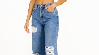Denim Blue Women Skyline Wide Leg Distressed Jeans