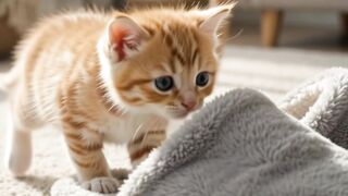 A tiny mischievous kitten discovering a large soft slipper,
