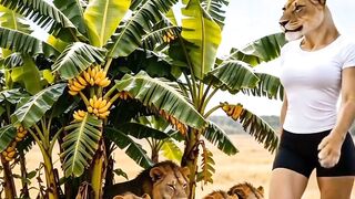 Lioness Walks Past a Group of Lions Sitting by Banana Trees 😂🦁