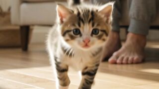 A tiny kitten running toward a person sitting on a sofa