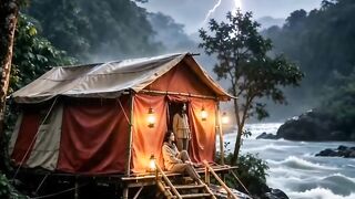 🌧️ Cozy Bamboo Hut by a Raging River in a Tropical Forest | Heavy Rain Ambience
