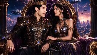 Nordic alien King and Nordic queen in 15 dimension travel and war epic tone,