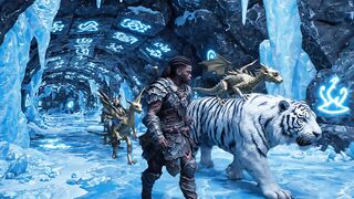 Epic Fantasy Warrior with Pet Dragon and White Tiger in Ice Cave