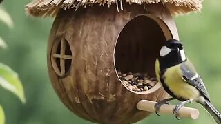 Turn a coconut shell into a beautiful little bird feeder!