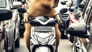 Capybara Riding a Motorcycle In a Traffic Jam