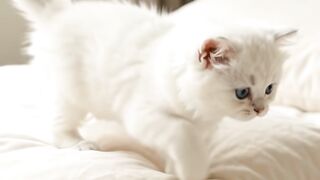 A fluffy white kitten slips on a soft pillow