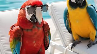 Parrot resting in font of the swimming pool