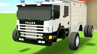 A white fire truck with blue flashing lights