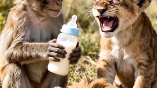 🥺🦁 Baby Lion Cries Missing His Mother... Little Monkey Wears a Lion Mask to Comfort Him 🐒❤️