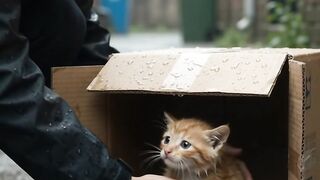 A compassionate animal rescuer discovers a tiny kitten alone during gentle rain and carefully brings it to a safe, warm shelter.