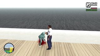 CJ instalando o armadilha de urso perto da praia para os NPC cair nela