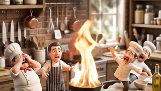Tiny Chefs Panic as Giant Hand Saves Kitchen Fire! 🔥🖐️
