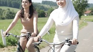 Cycling with a beautiful girl wearing a headscarf