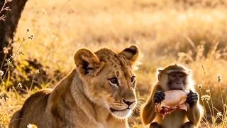 🦁😂 Baby Lion Cries After a Naughty Monkey Steals His Chicken!
