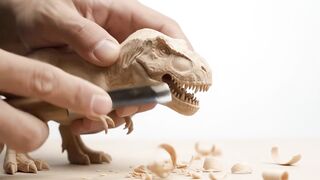 Craftsman carving wooden T-Rex miniature