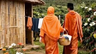 Muslim couple in orange — peaceful village life (atau) Traditional Islamic couple walking together in nature