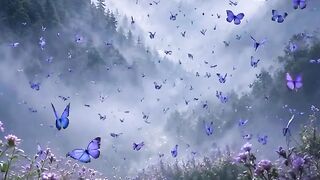 Thousand Blue Butterflies in a Misty Purple Valley
