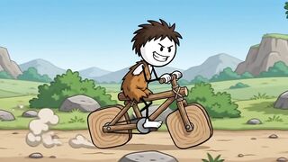 Stickman caveman riding wooden
