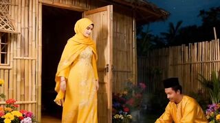 Beautiful muslim couple in golden yellow — traditional village (atau) Elegant Islamic couple — traditional Indonesian home
