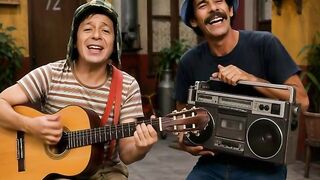 Chaves e seu Madruga cantando seus sucessos na vila