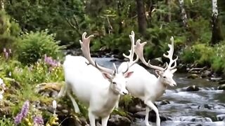 "Rare white deer family — magical forest 🌿🦌" (atau) "Ghost deer — pure beauty in nature ✨" (atau) "White deer crossing crystal river