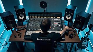 Music producer working in a professional recording studio with guitars and mixing console
