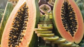Um castelo feito de frutas tropicais.