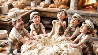 Five tiny people making bread dough.