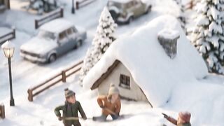 Miniature figures work together to clear away the remains of the snow.