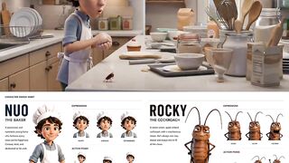 3D Animated Film Character Sheet, Pixar Style Render key Elements