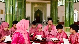 "Newlyweds teaching children faith at the bamboo mosque 🕌✨"