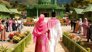 "Newlyweds share faith at the bamboo village — teaching children together 🕌✨"