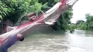 **Brave Fisherman Catches Fish in a Fast-Moving Flood**