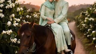 "Newlyweds riding horse together through coffee plantation 🐎☕✨"