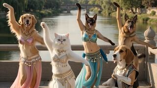 3 Beautiful Cats & 3 Beautiful Dogs Doing Modern Belly Dance on a River Bridge 🐱🐶💃🥁