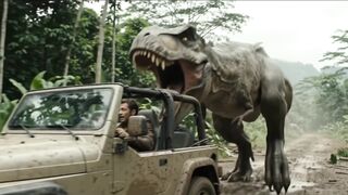 T-Rex chasing driving man