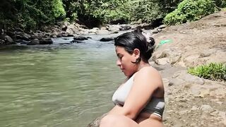 Pregnant Mom Shaving Legs by the River Outdoor Grooming