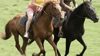 Horse riding with friends wearing a leopard dress