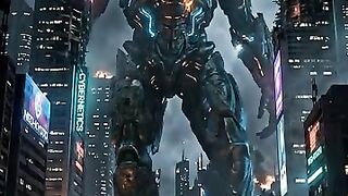 Alien titan towering over city