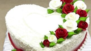 Beautiful Heart-Shaped Cake Decoration | White Cream Cake with Red and White Roses