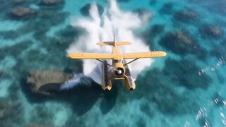Hyper-real aerial drone video of a vintage yellow seaplane performing a fast evasive dive over